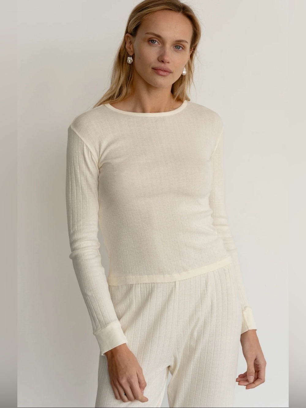 DONNI. Pointelle Long Sleeve Shirt Creme